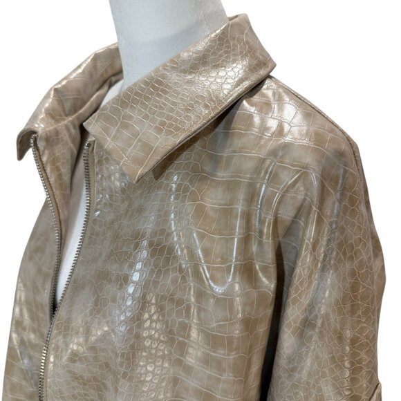 PrettyLittleThing Beige Croc Embossed Faux Leather Zip-Front Bomber Jacket, US L - Picture 1 of 6